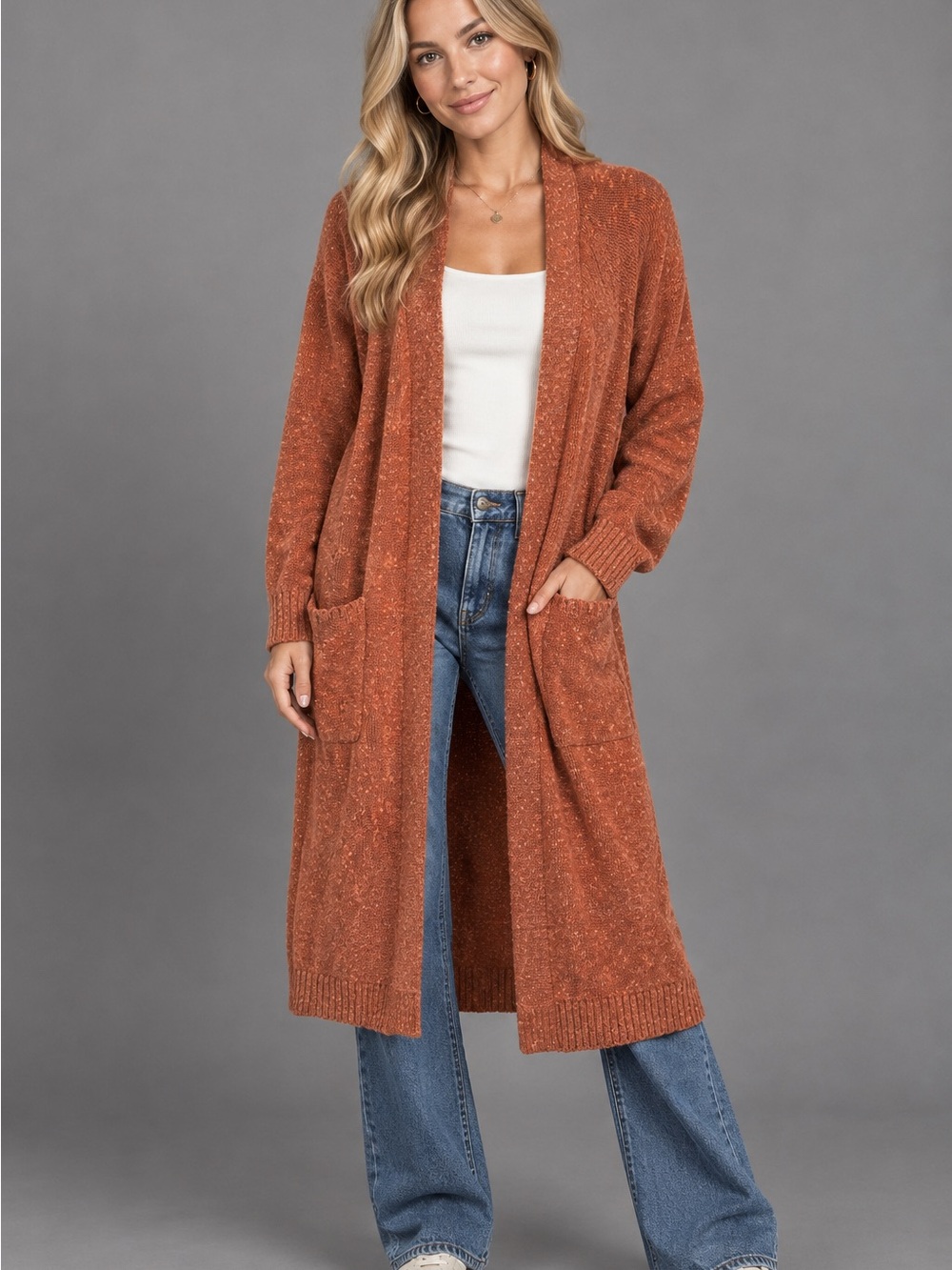 Roxy Long Open Front Cozy Cardigan Sweater - Rust